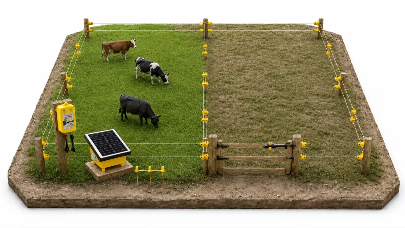 Sistema de cerca eléctrica ganadera con energizador ElektroChoke, tierra física y dos hilos para potrero