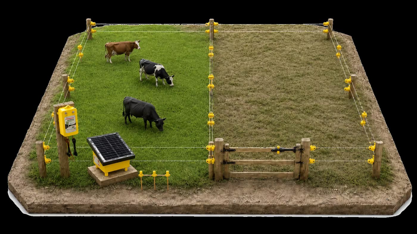 Sistema de cerca eléctrica ganadera con energizador ElektroChoke, tierra física y dos hilos para potrero