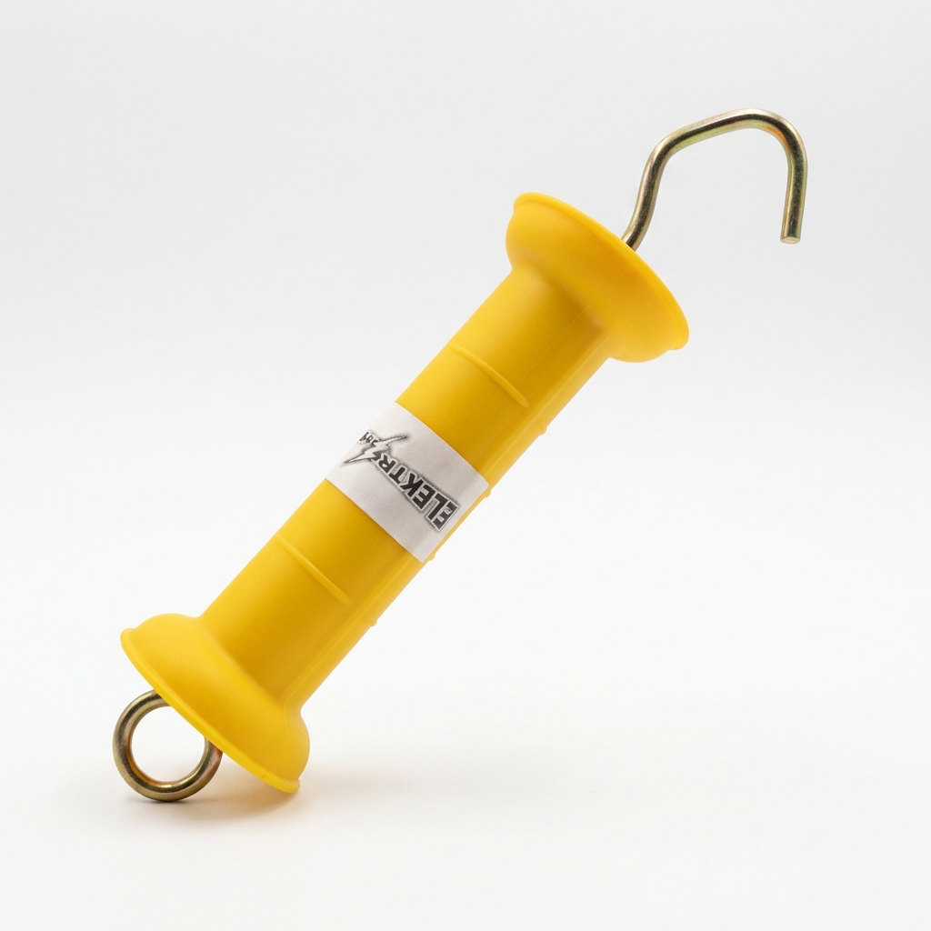 [AP-1] Manija para puerta de cerco eléctrico "Elektro-Choke", de polímero y metal. Color Amarillo. Resorte interno para estirar. (Modelo: AP-1)