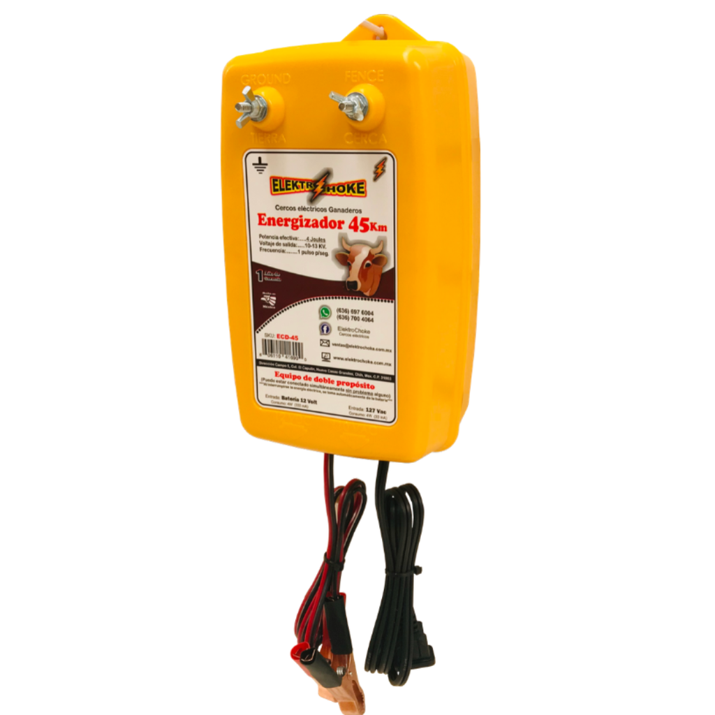 [D-45] Energizador Elektro-Choke de 45 km / 4 Joules, Dual-Voltaje para 110 y 12 Voltios (Modelo: D-45).