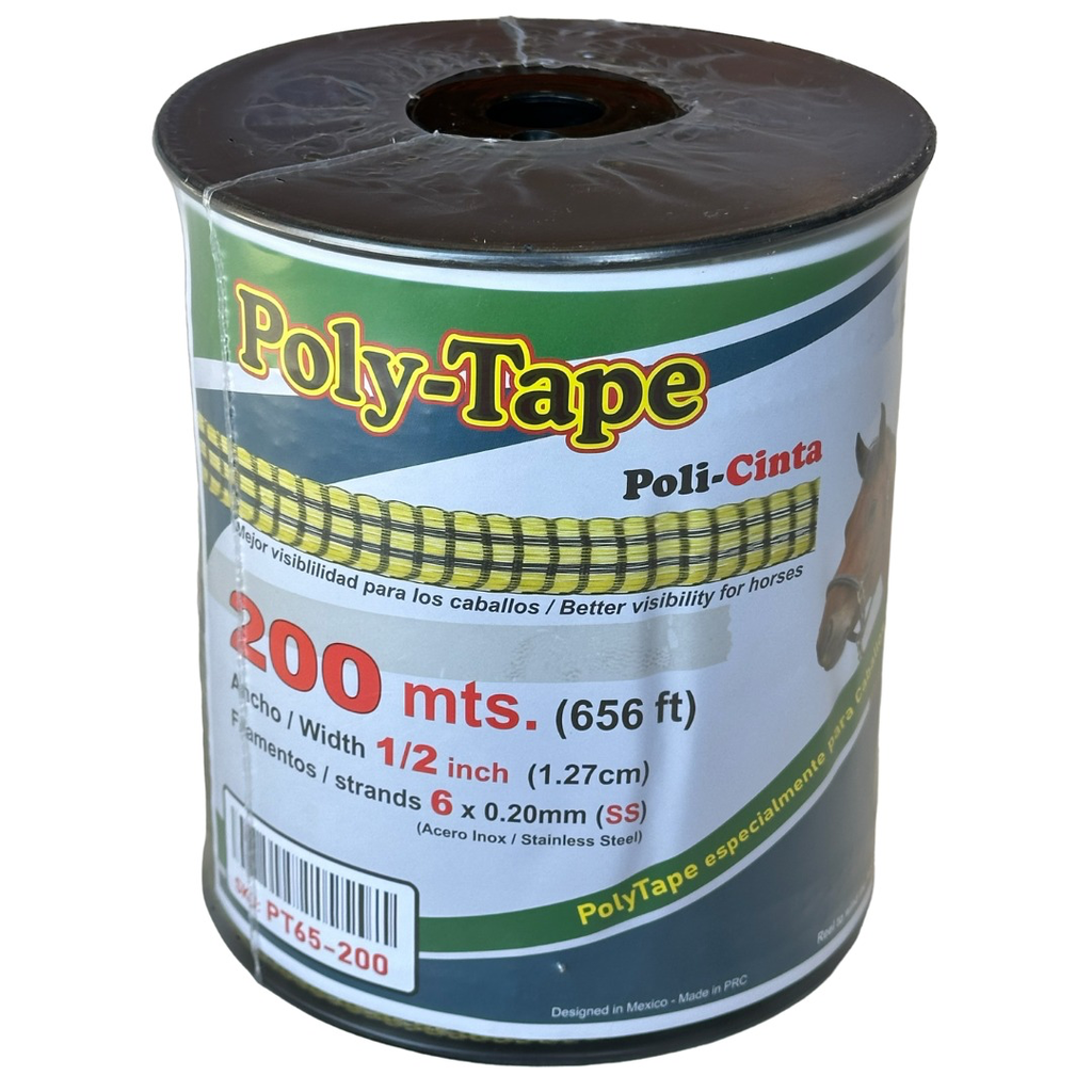 [PT65-200] Poly-Tape (poly-cinta) ElektroChoke 200 m, 6 conductores x 0.20 mm de acero inox x 1/2¨ pulg. de diámetro (SKU: PT65-200)