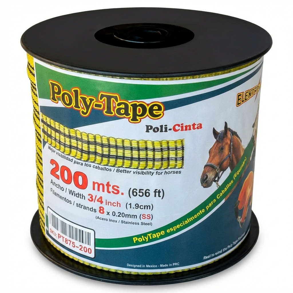 [PT87-200] Poly-Tape (poly-cinta) ElektroChoke 200 m, 8 conductores x 0.20 mm de acero inox x 3/4¨ pulg. de diámetro (SKU: PT87-200)