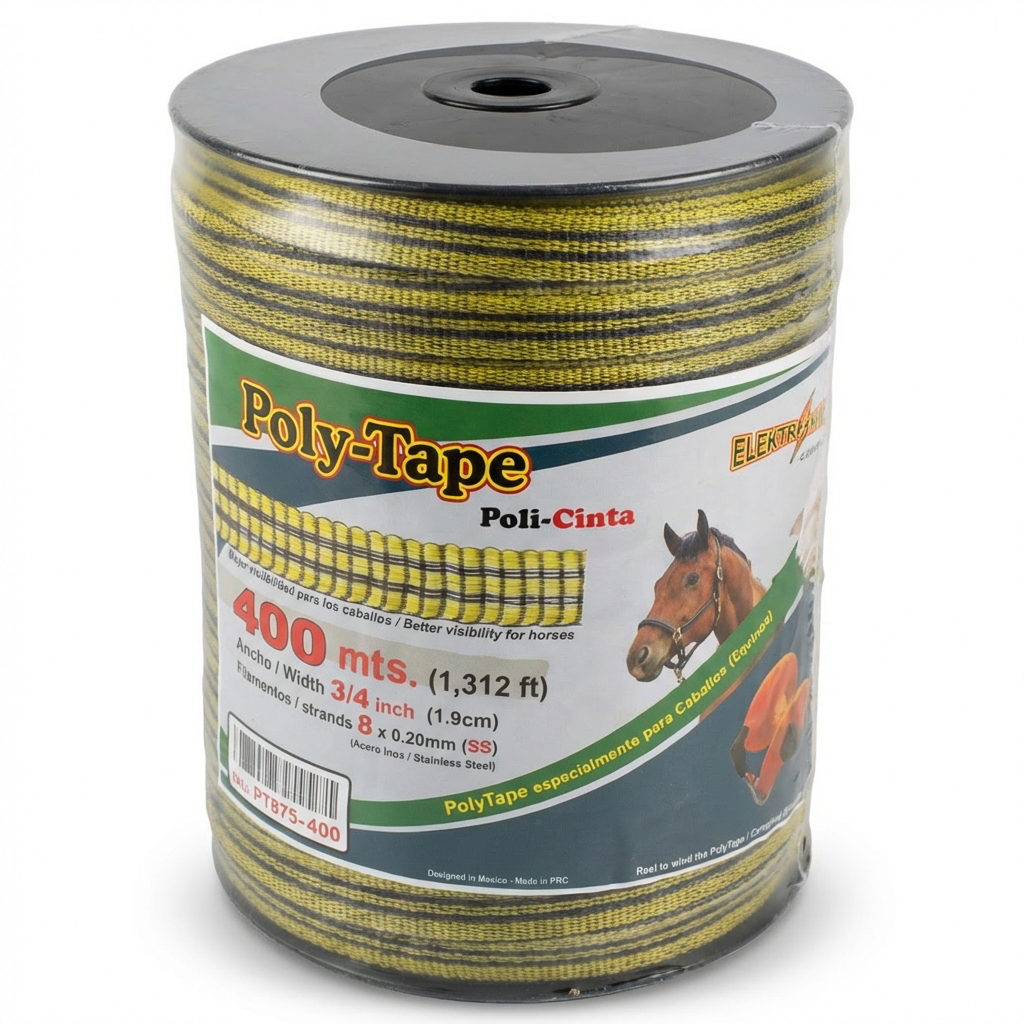 [PT87-400] Poly-Tape (poly-cinta) ElektroChoke 400 m, 8 conductores x 0.20 mm de acero inox x 3/4¨ pulg. de diámetro (SKU: PT87-400)