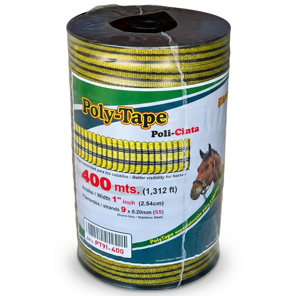 [PT91-200] Poly-Tape (poly-cinta) ElektroChoke 200 m, 9 conductores x 0.20 mm de acero inox x 1¨ pulg. de diámetro (SKU: PT91-200)