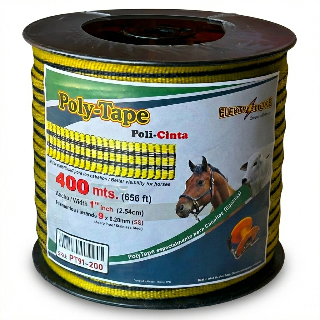 [PT91-400] Poly-Tape (poly-cinta) ElektroChoke 400 m, 9 conductores x 0.20 mm de acero inox x 1¨ pulg. de diámetro (SKU: PT91-400)