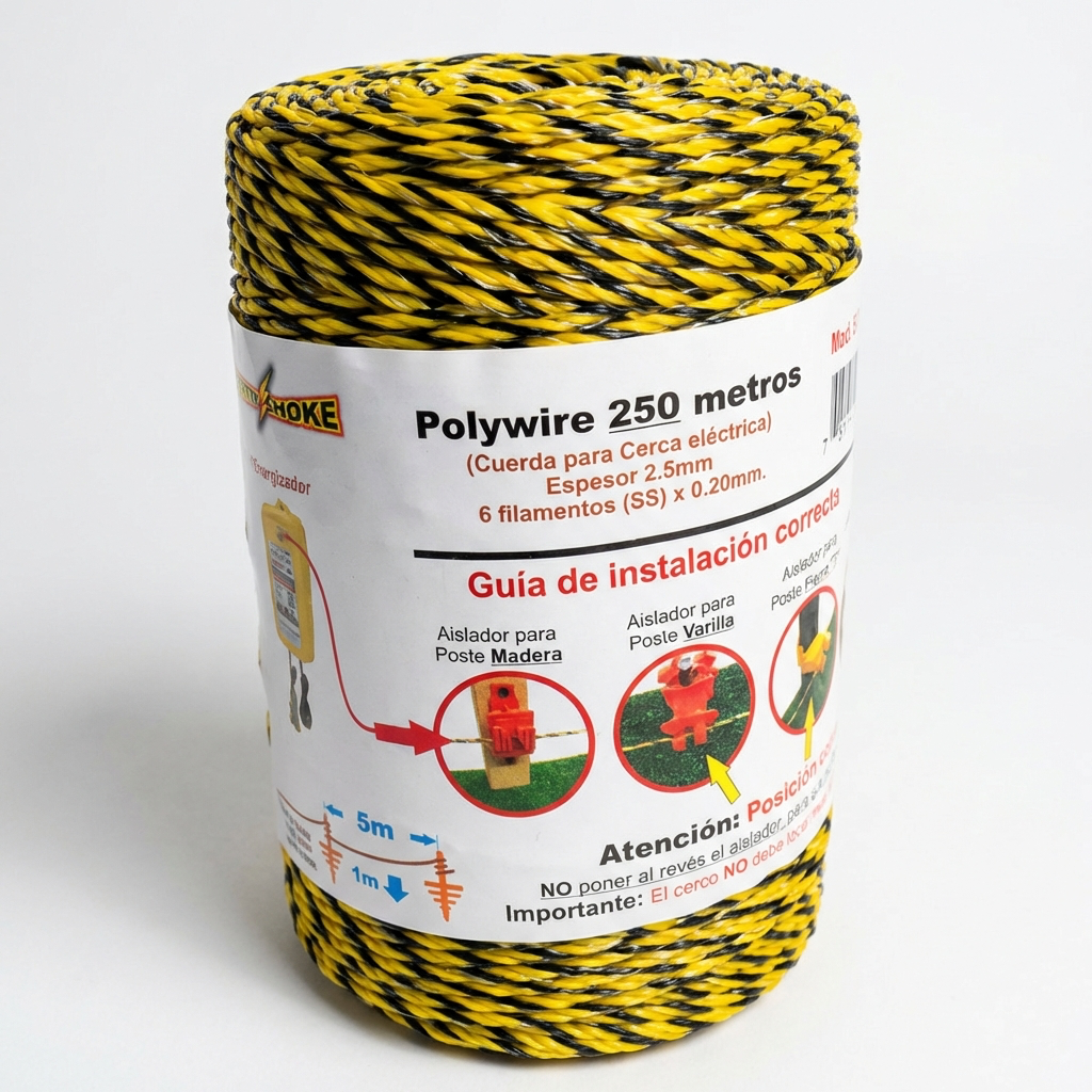 [PW6-250] Polywire ElektroChoke 250 m, 6 conductores x 0.20 mm de acero inox x 2.5 mm de diámetro recubierto con polímero. Protección rayos UV. (SKU: PW6-250)