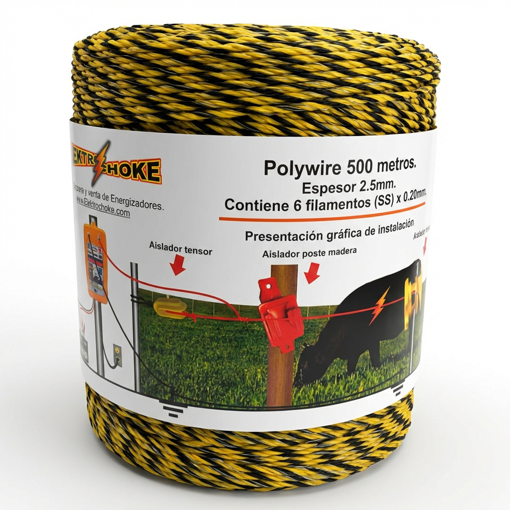 [PW6-500] Polywire ElektroChoke 500 m, 6 conductores x 0.20 mm de acero inox x 2.5 mm de diámetro recubierto con polímero. Protección rayos UV. (SKU: PW6-500)